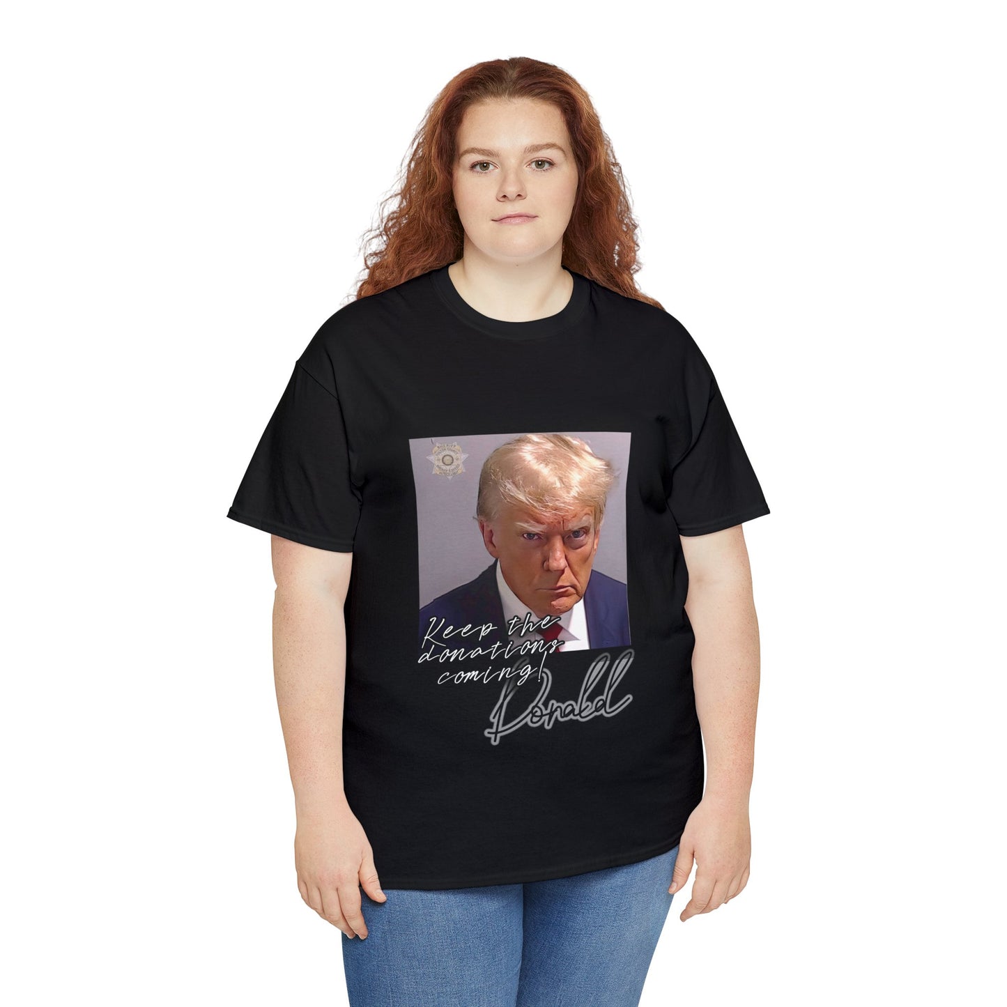 TRUMP POSITIVE T-SHIRT: Mugshot design #2: fundraising mailer  - Unisex Heavy Cotton Tee - Express shipping available