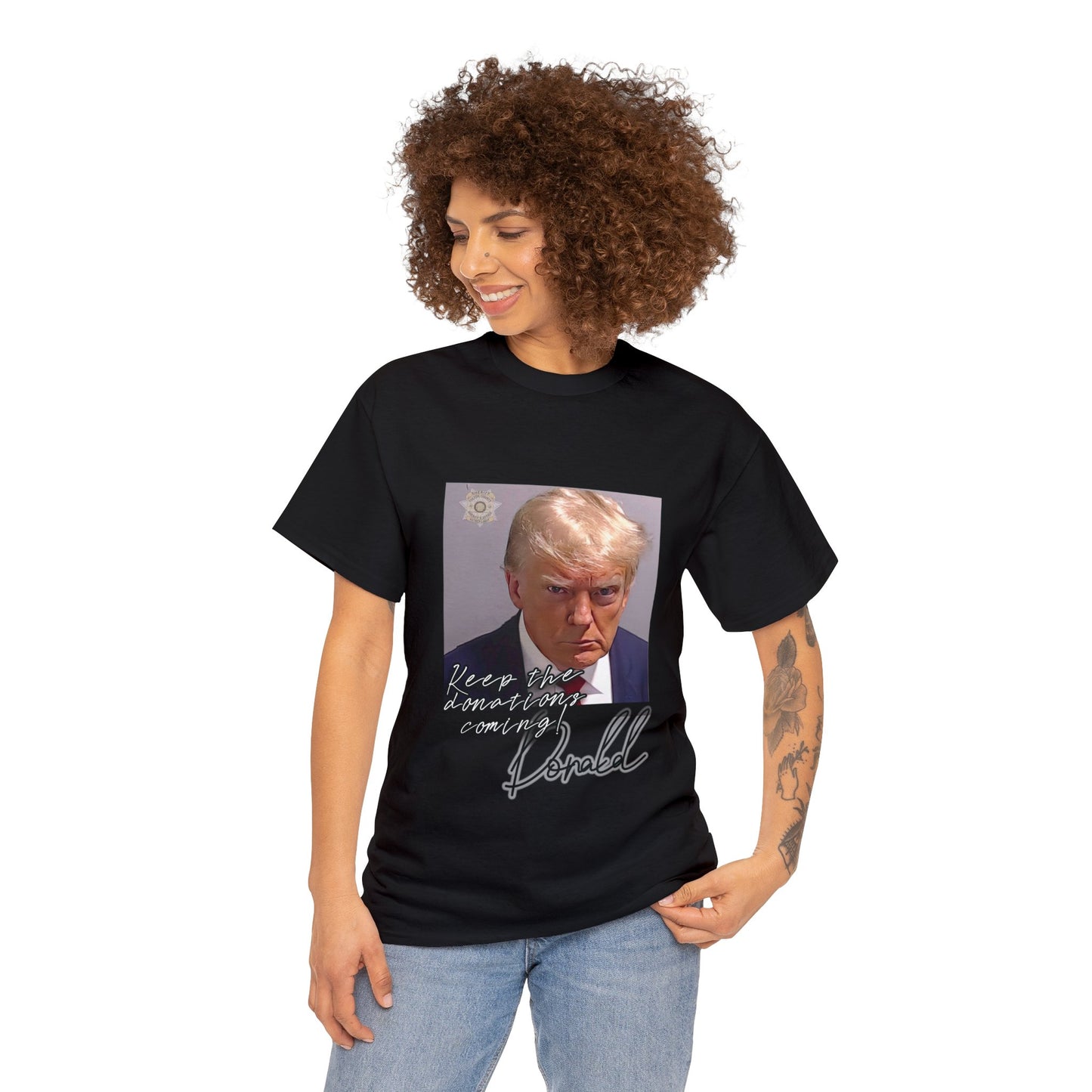 TRUMP POSITIVE T-SHIRT: Mugshot design #2: fundraising mailer  - Unisex Heavy Cotton Tee - Express shipping available